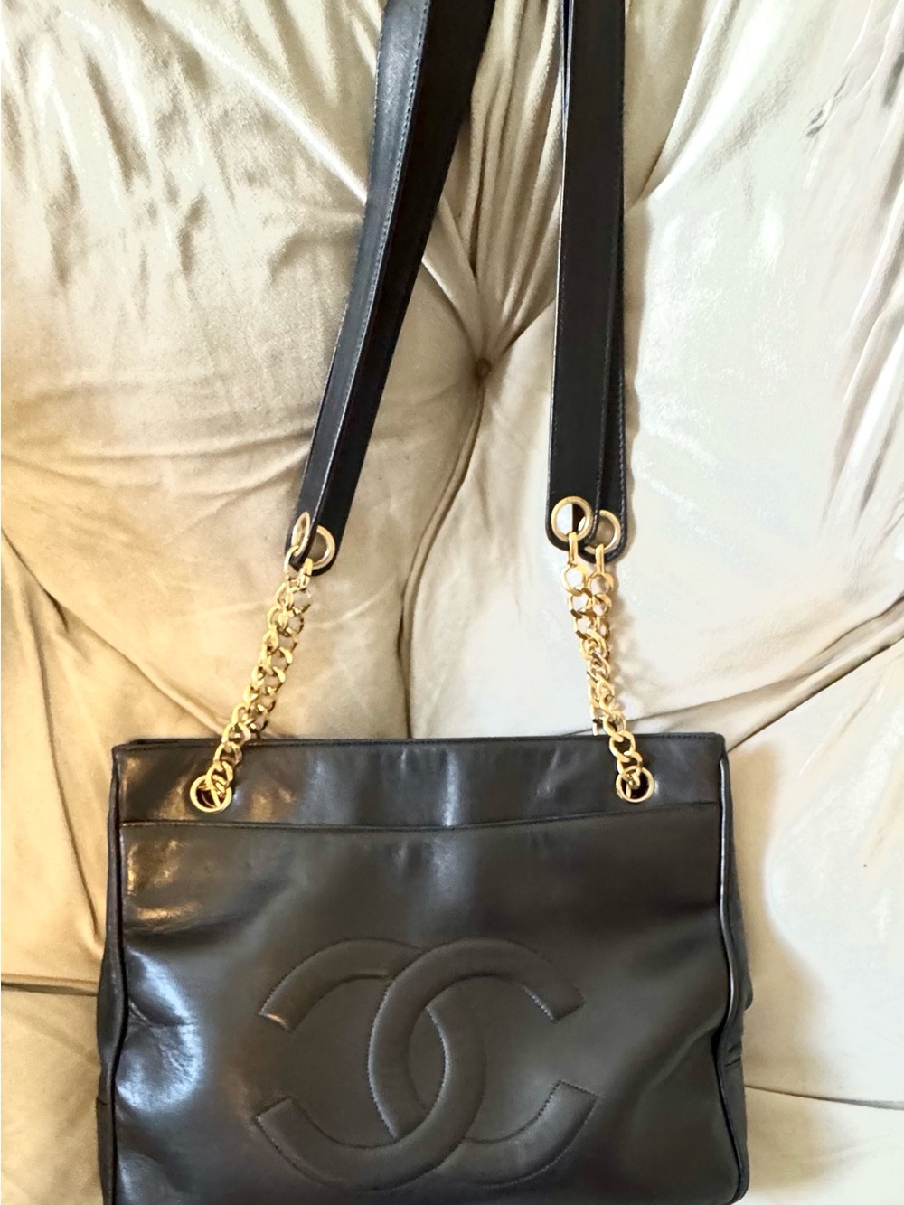 Black Leather Shoulder Bag with Gold Chain Straps
